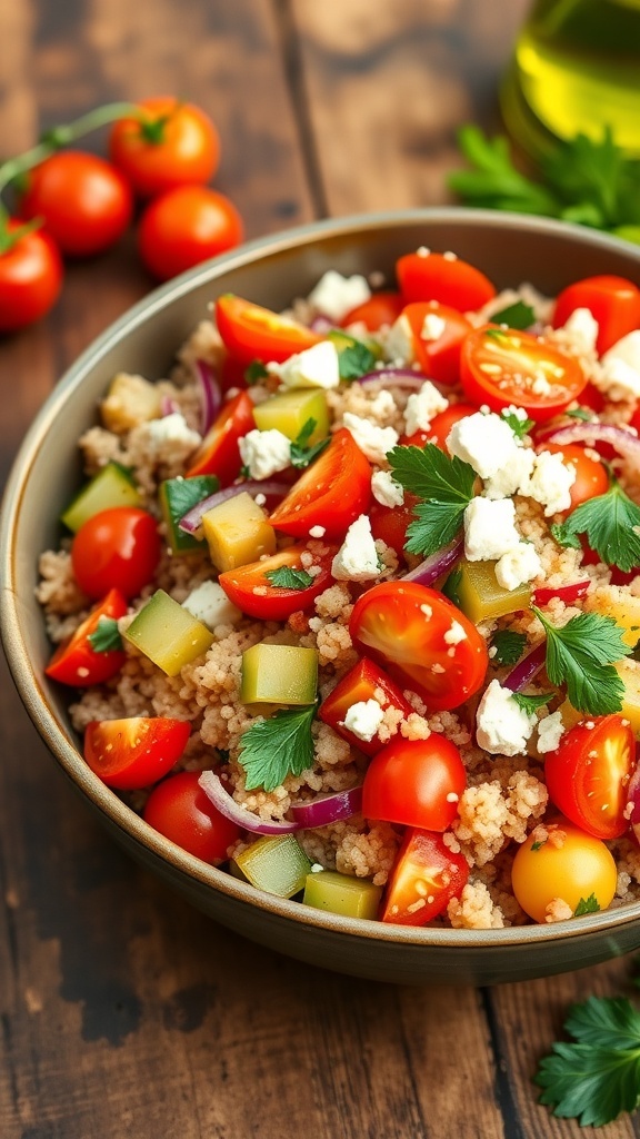 A vibrant Mediterranean quinoa salad with tomatoes, cucumbers, bell peppers, and feta cheese, garnished with parsley.